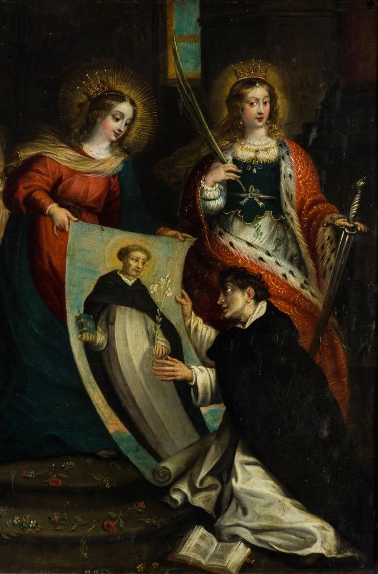 La Vergine attorniata da Maria Maddalena e Santa Caterina, presenta l'immagine di San Domenico - dettaglio, attribuito